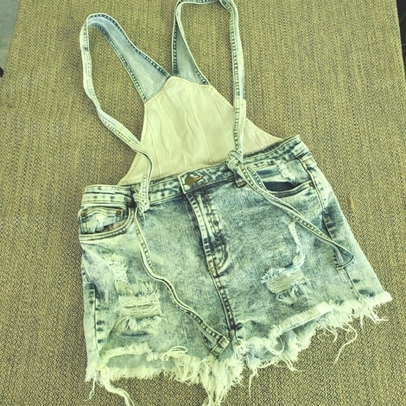 Forever 21 Acid Washed Distressed Cutoff Festival Overall Shorts - Picture 3 of 9